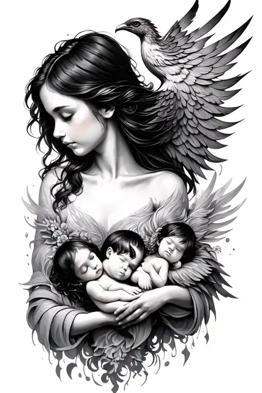 pushing through childhood trauma and  becoming a worthy mother add a phoenix and 3 babies tattoo design idea