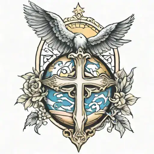 earth nativity dove cross tomb crown  tattoo design idea