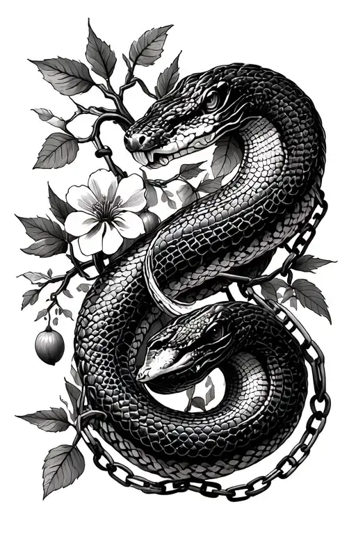 Large Snake intertwined with chains and pomegranate branches with fruit, leaves and blossoms tattoo design idea