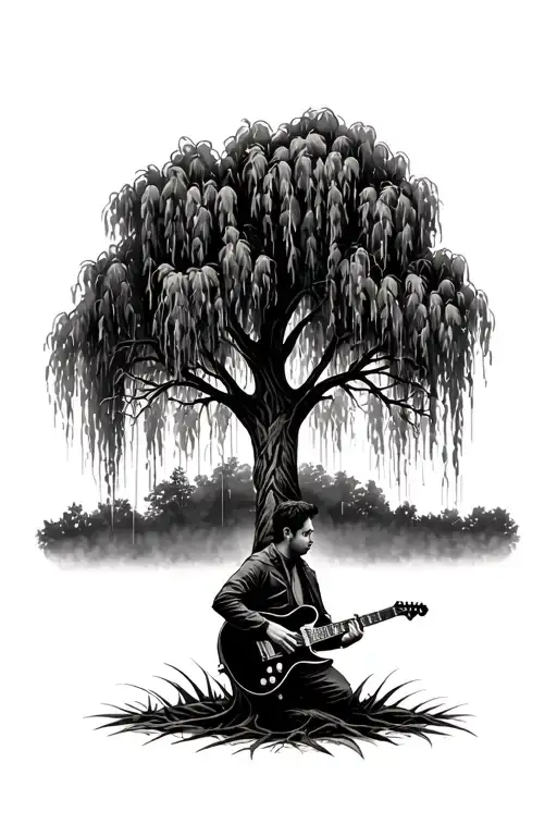 Weeping Willow Tree with man playing a black telecaster underneath it tattoo design idea