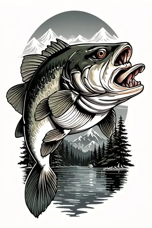 large mouth bass with mountains forest in body tattoo design idea