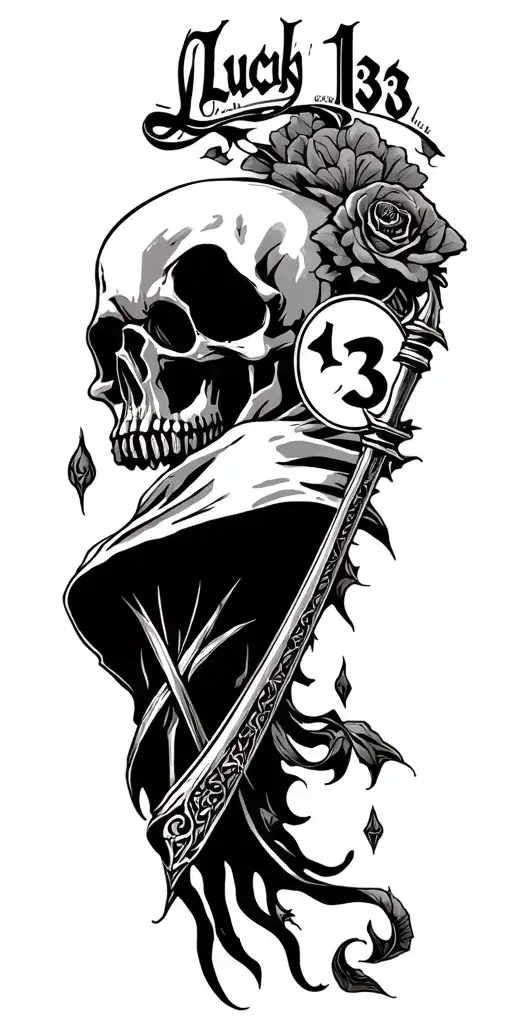 "lucky 13" with a death reaper behind tattoo design idea
