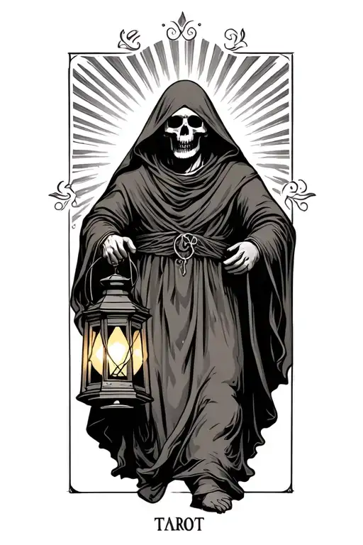 The hermit tarot card walking in darkness holding lantern with rays eminating from lantern. Skull face cloaked in hood tattoo design idea