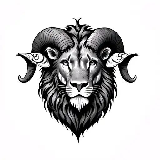 half lion head half ram head with Pisces  tattoo design idea