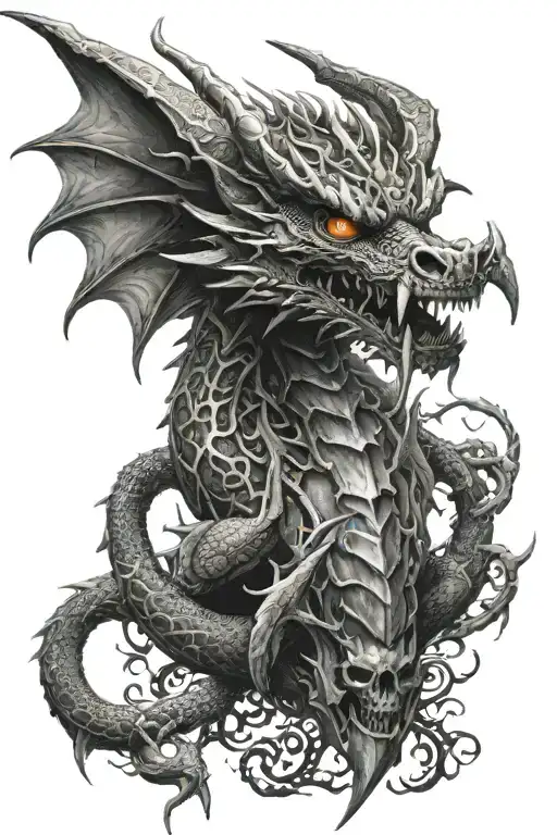 dragon with his full body and agressive expression with  skulls down, tribal design tattoo and a black and white tattoo  tattoo design idea