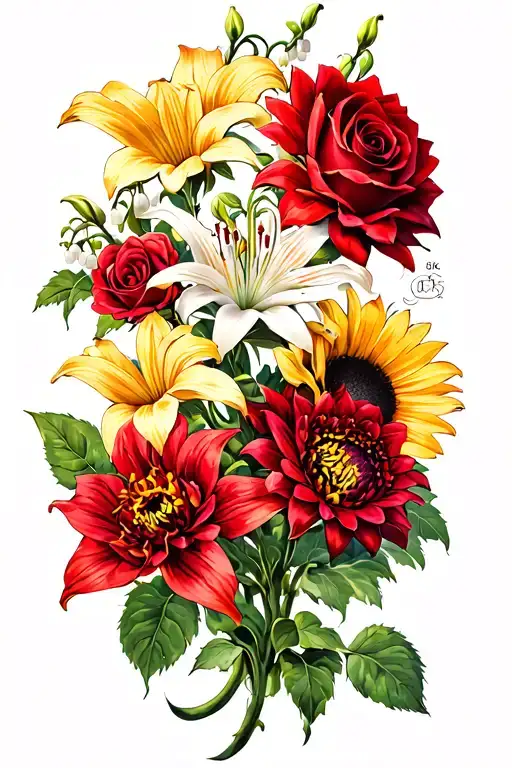 Rose, dead snapdragon, red velvet queen sunflower, spider lily, babylon red dahlia, lily of the valley. Sleeve tattoo tattoo design idea