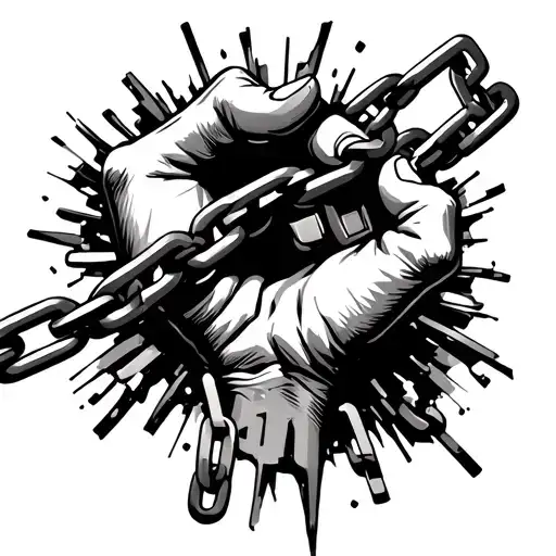 A hand holding a heavy chain, but the chain is breaking apart, symbolizing the act of letting go of burdens. The broken  tattoo design idea