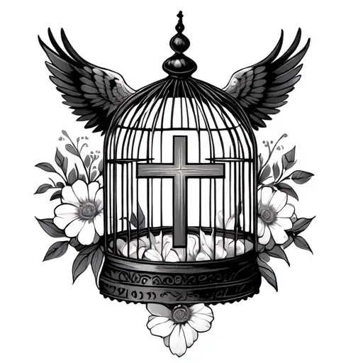 A birdcage with a cross in the middle as an opening surrounded by flowers tattoo design idea