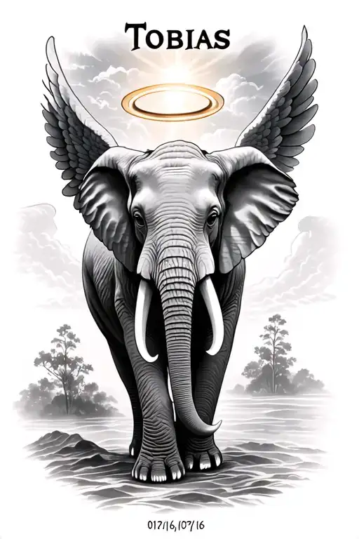 "Tobias 01/21/16-07/16/16" Create a tattoo of an elephant with its trunk to the sky, a halo above the head, and angel wings tattoo design idea