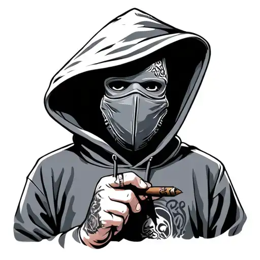masked hoodie holding a blunt tattoo design idea