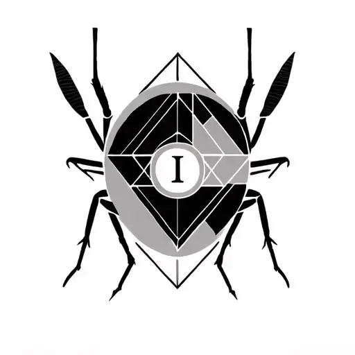 geometric tatoo with lines, triangles, squares, circles, 1 ant, letter G, letter R tattoo design idea