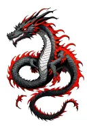 "Powerful yet elegant, intricat" A dynamic, fierce dragon design wrapping around the upper arm, black ink with vibrant red accents, detailed scales,  tattoo design idea