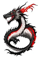 "Powerful yet elegant, intricat" A dynamic, fierce dragon design wrapping around the upper arm, black ink with vibrant red accents, detailed scales,  tattoo design idea