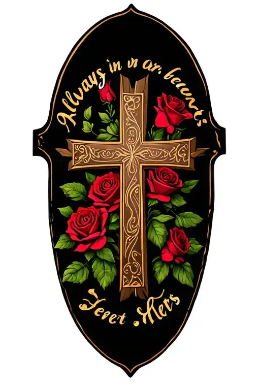 "Always in our hearts " cross tattoo design featuring, roses, in memory of, Irish and English  tattoo design idea