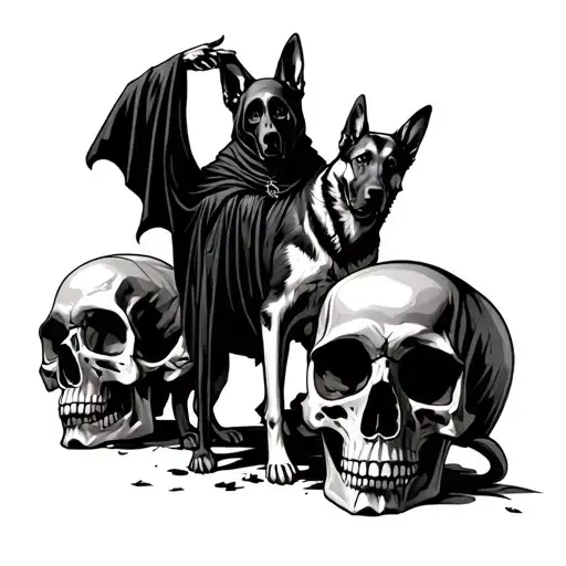 grim reaper with German Shepard dog standing on skulls tattoo design idea