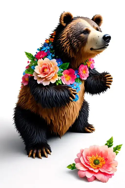 A Bear sitting/standing slightly sideways with realistic features, decorated with flowers. The flowers can seem to tattoo design idea