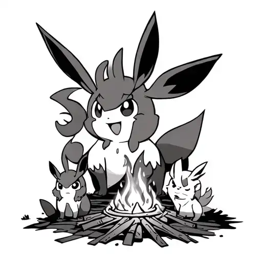all the eeveelutions chilling next to a campfire but flareon is the campfire  tattoo design idea
