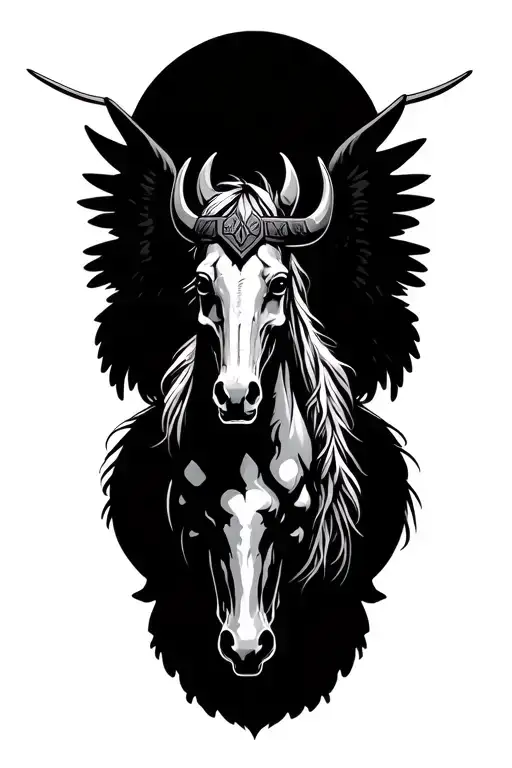 Viking skull above a pegasus horse with wings tattoo design idea