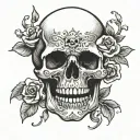 skull with mouth opened and flowers growing out of the mouth tattoo design idea