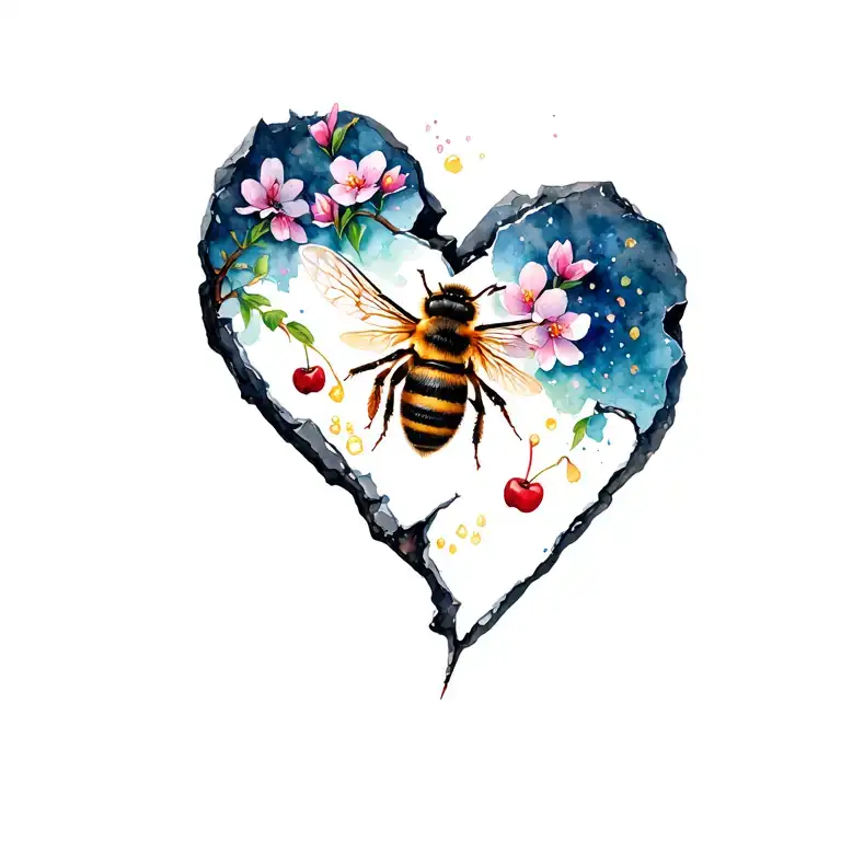 broken heart made of stone, honey bee with honey comb, cherry blossoms  tattoo design idea