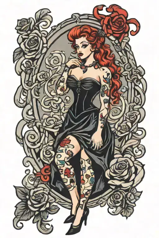 curvy Redhead goth pinup girl standing tattoo design idea