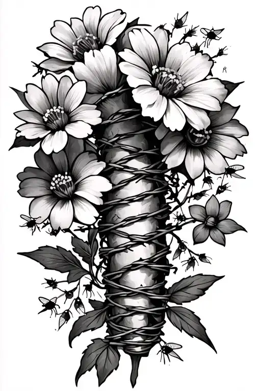 barbed wire and wild flowers with lightning bugs spine tattoo tattoo design idea
