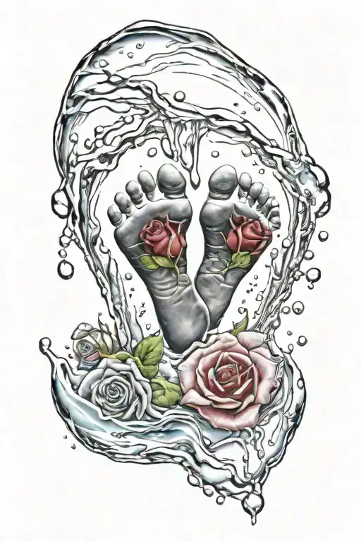 baby footprint with ice and rose inside footprint tattoo design idea