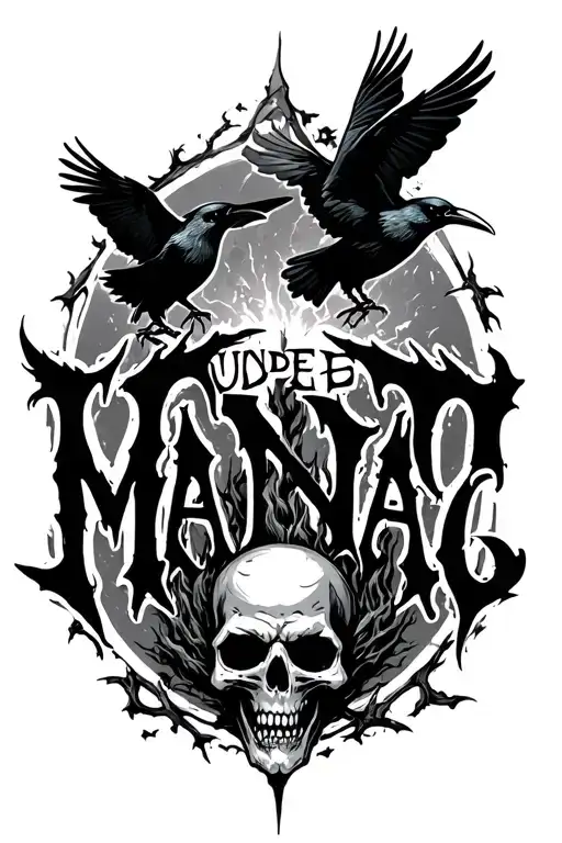 the undead maniac word with crows flying around the word tattoo design idea