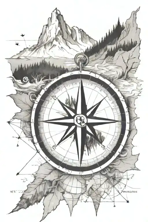compass replace North with "WB", mountains, a fox, coordinates of Mt. Shermans Peak, map as background tattoo design idea