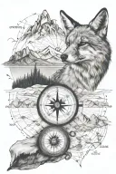 compass replace North with "WB", mountains, a fox, coordinates of Mt. Shermans Peak, map as background tattoo design idea