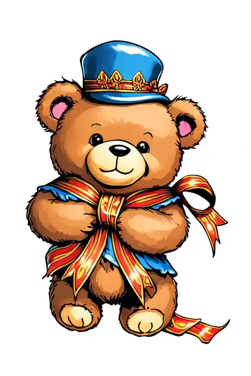 cheeky Teddy bear holding ribbon intertwined tattoo design idea