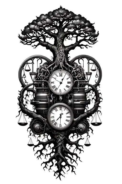 gothic tree of life with midevil roots intertwined with v-twin motor, libra scales and a clock tattoo design idea