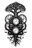 gothic tree of life with midevil roots intertwined with v-twin motor, libra scales and a clock tattoo design idea
