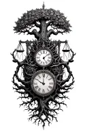 gothic tree of life with midevil roots intertwined with v-twin motor, libra scales and a clock tattoo design idea