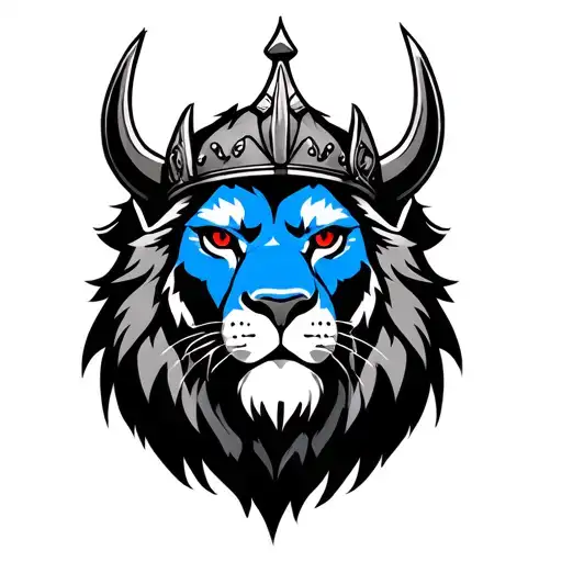 real lion all blue with red eyes wearing a viking crown tattoo design idea