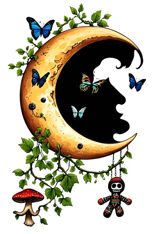cresent moon with small mushrooms and vine, butterflies and a voodoo doll hanging off the moon tattoo design idea