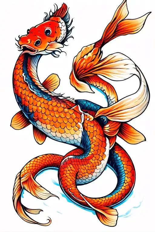 snake, koi carp, japanese style tattoo design idea
