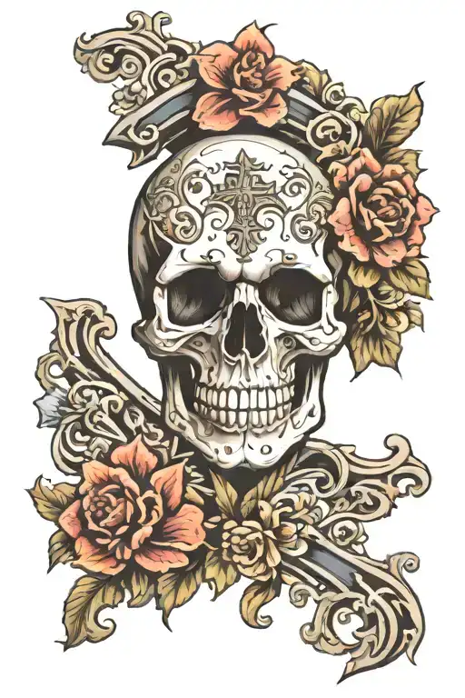 skull holding cross surrounded by florals tattoo design idea