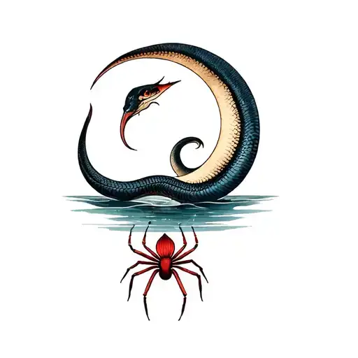 line tattoo of snake on crescent waning moon with a water component like the sea or a body of water and red spider lily tattoo design idea