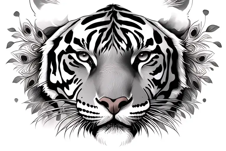 tiger face  with peacock blended into it tattoo design idea