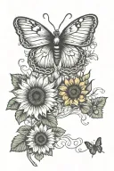 butterfly's landing on strawberries, with sunflowers in the background  tattoo design idea