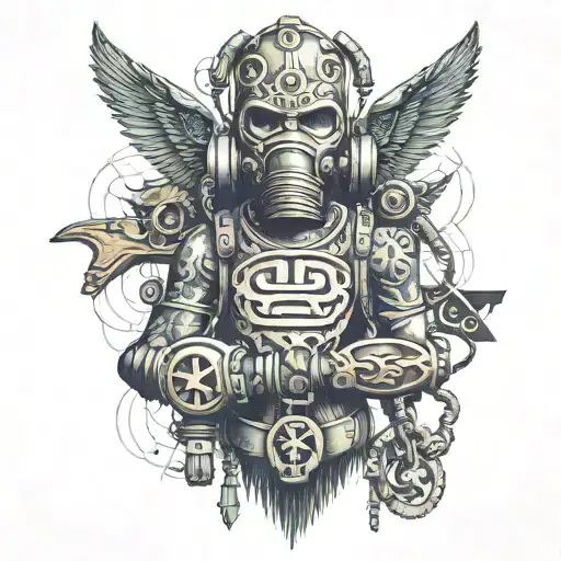 tattoo of a totem pole with a bdsm symbol, a gasmask, handcuffs and male gimp. tattoo design idea