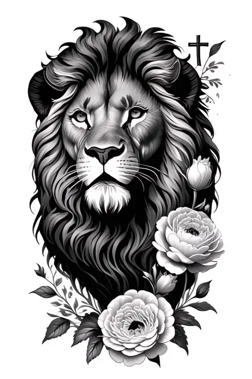 lion, cross, ranunculus flowers tattoo design idea