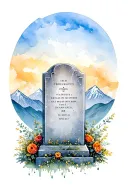 a gravestone with a mountain range in the background tattoo design idea