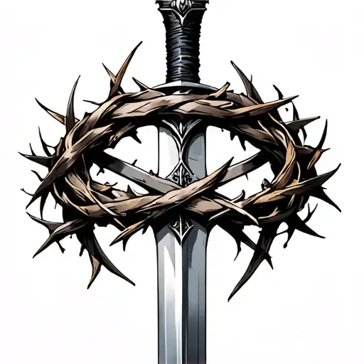 sword with crown of thorns wrapped tattoo design idea