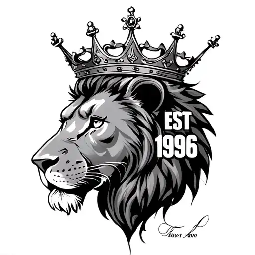 "EST.1996"  lion crown adorned tattoo design idea