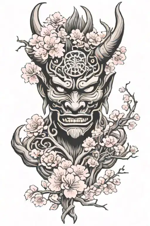 oni mask with Nordic tree of life and pink Sakura blossoms  tattoo design idea