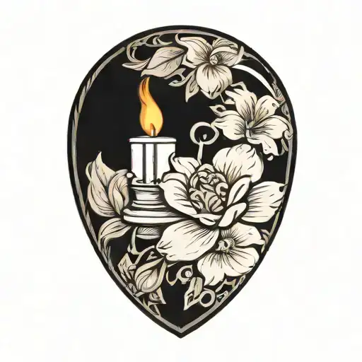 a zippo lighter lit, on the front is a traditional style tattoo heart with quote "MAMA"  a pearl necklace and 1 gardenia tattoo design idea