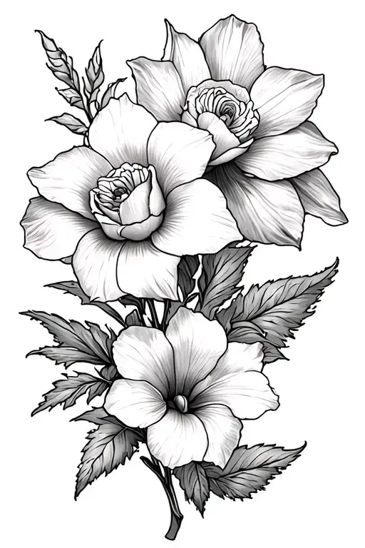fine line tattoo with daffodil, rose, carnation and morning glory tattoo design idea