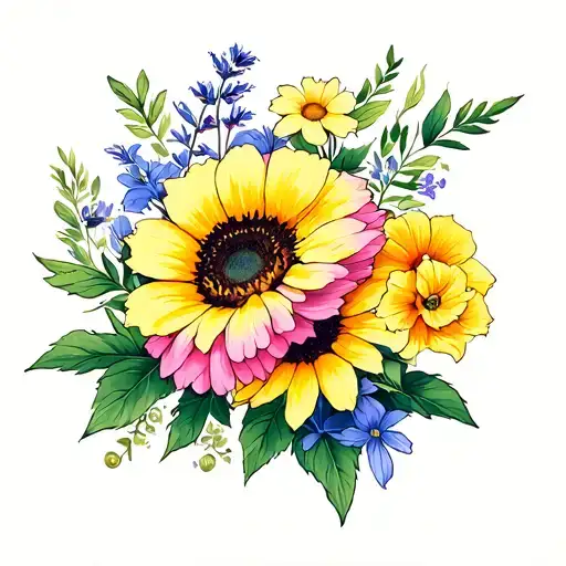 Carnation, cosmos, sunflower, geranium, daisy, calla lily, fressia, clematis, poppy, daffodil, morning glory         tattoo design idea